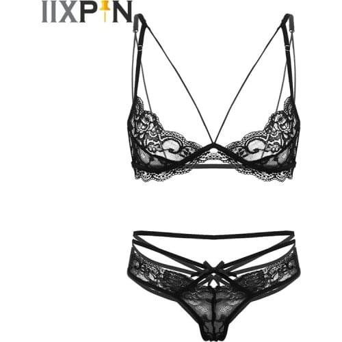 Erotic Underwear Set Women Sexy See Through Sheer Lace Lingerie Set Erotic Lace Bra Top With G-string Briefs Sexy Nightwear