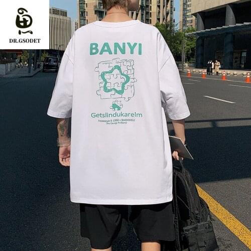 GSODET Summer T-Shirt Cotton Couple Ins Oversize Abstract Printing Student Half Sleeved Loose Large Size Mens and Womens Tops