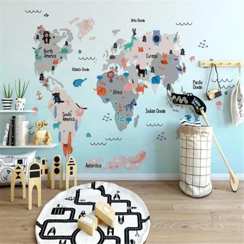 Milofi custom mural wallpaper hot hand-painted cartoon world animal map childrens room mural background wall