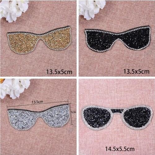 Fashion Rhinestones Sunglasses Embroidered Patches Iron On Sewing Crystal Appliques For Jeans Clothing Decorations