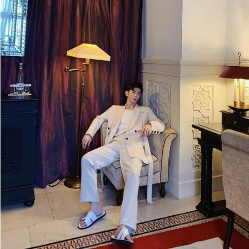 Men Fashion Casual 2PCS Suits (jacket+pant) Streetwear Male Ribbon Blazer Jacket Trousers