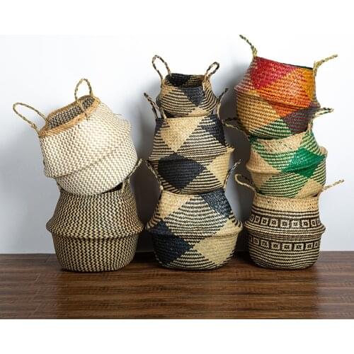 Woven Storage Basket Mixed Color Flower Pot Seagrass Laundry Sundries Basket Toys Organizer Container Garden Home Decoration