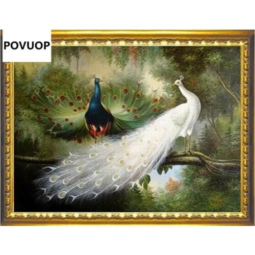 POVUOP Mona lisa cross stitch print oil painting peacock lovers rich cross stitch 90X70cm/110X85cm