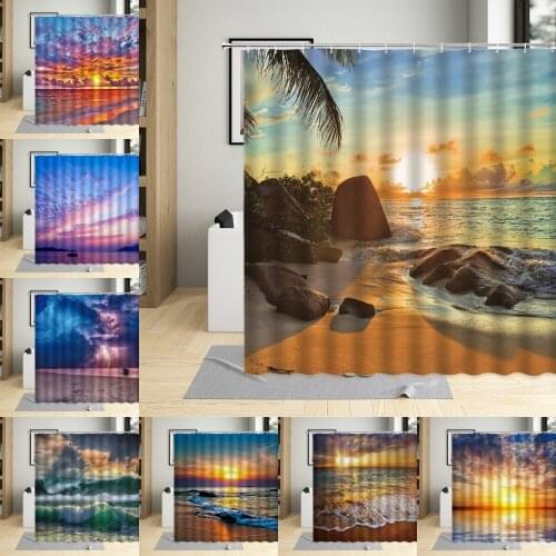 Sunlight Ocean Beach Bathroom Curtains Sunset Dusk Scenery Waves Seaside Design Shower Curtain For Living Room Decor With Hooks