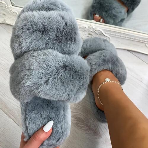 2021 Winter New Women House Slippers Faux Fur Warm Shoes Woman Flats Female Solid Color Open Toe Slides Bedroom Fuzzy Slippers