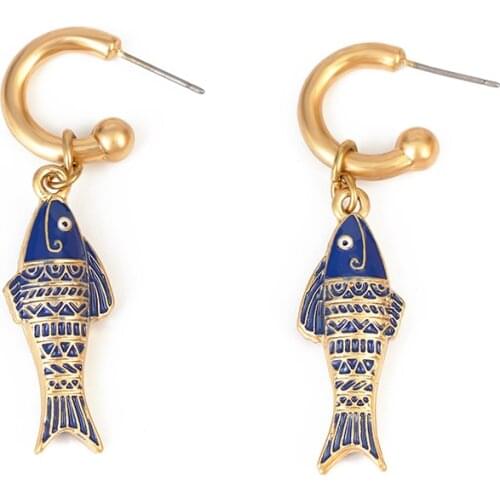 Blue Fish Pendant Earrings Chic Marine Life Charms Stud Earrings Women Girls C-Shapled Statement Earrings