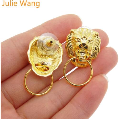Julie Wang 14Pcs Alloy Women Earrings Gold Color Lion Head Stud Earrings Fashion Trendy Girl Party Daily Using
