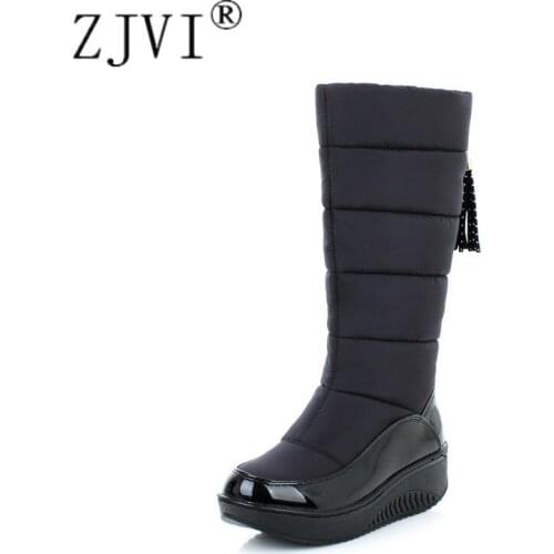 ZJVI Women Winter Mid Calf Flat Snow Boots 2020 Fashion Woman Warm Fur Ladies Flats Shoes Womens Female Witner Black Blue Boots