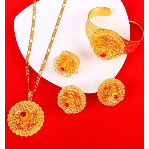 Flower Shape Ethiopian Women Jewelry Sets Gold Color African Bridal Romantic Zircon Wedding Jewelry Set