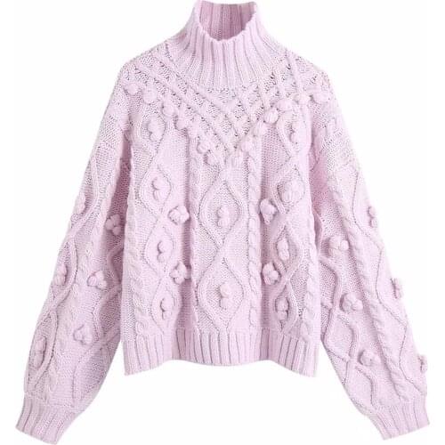 ZA Women Sweater Autumn Winter Cotton ball knitting Sweater For Ladies High Collar Purple Pullover Loose Top