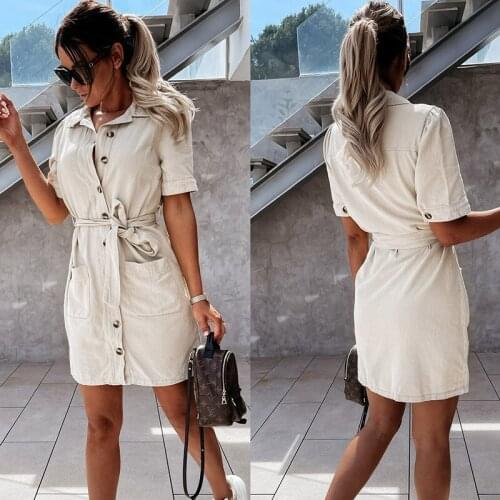 Womens Summer Denim Cotton Fashion Buckle Dress Woman Short-sleeved Slim Dress Multi-color Button Elgant Office Dresses