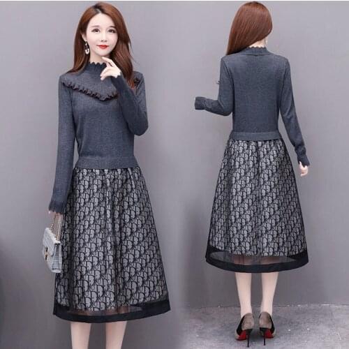 NEW Winter Dress Women Casual Fashion Slim Patchwork Sweater Dress Temperament Knitting Long Pullover Shirt Dress For Lady f2530