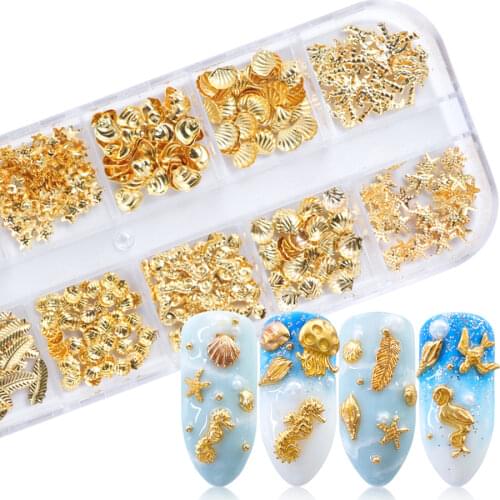 Gold Nail Art Alloy Studs Seaside 3D Decorations Sea Shell Star Feathers Charm Metal Frame Rivets Nail Sequin Accessories BE25-2
