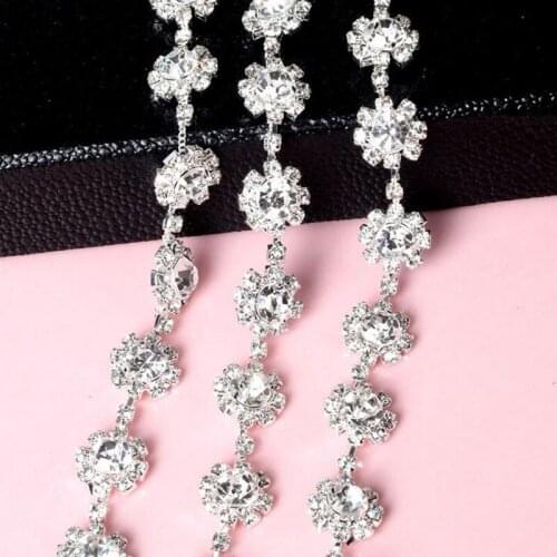 1Yard Fashion Silver Flower Stunning Clear Rhinestones Trim Handmade Applique Garment Costume Decoration DIY Wedding Belt