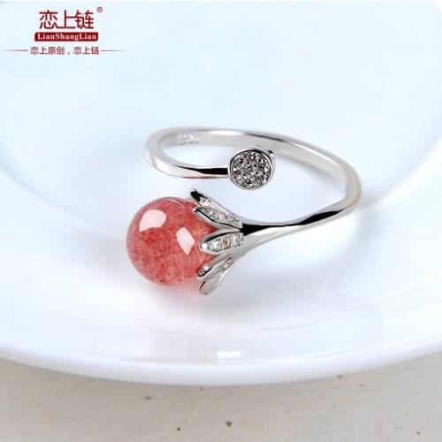 Genunine strawberry quartz ring for women with 925 sterling silver rings 8mm beads brand jewelry