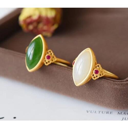 NATURAL WHITE GREEN JADE RINGS JADE RING WITH 925 STERLING SILVER RING ELECTROPLATED 18K GOLD JADEITE JADE JEWELRY GOLD RING 925