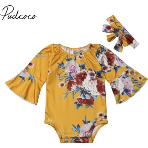 2019 Brand New Newborn Infant Kids Baby Girls Bodysuits Headband 2pcs Sets Floral Print Long Flare Long Sleeve Jumpsuits Clothes
