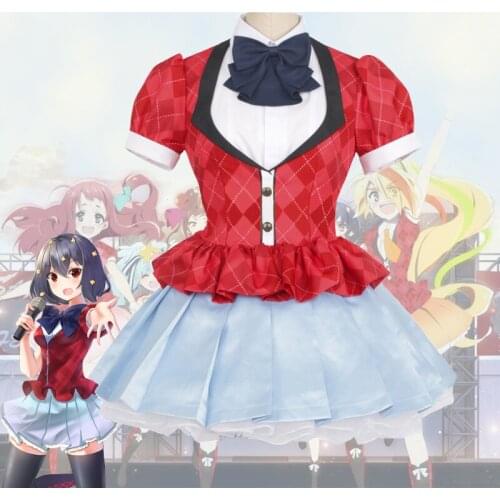 Anime ZOMBIE LAND SAGA Zonbii San-go Ai Mizuno Cosplay Costume Custom Red Jacket Shirt Skirt Gloves Blue Bow Stage Costume