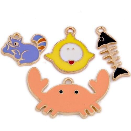Colorful Kawaii Alloy Enamel Jewelry Charms 40pcs/lot Gold Tone Plated Crab squirrel Fish Bone Chick Animal Earring Pendants