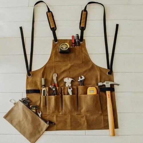 Oil Waxed Canvas Retro Apron Garage Garden Hardware Workshop Waterproof and Oil Proof Apron Multi Pockets Strong Tool Apron