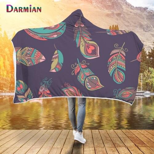 DARMIAN Bohemian Feathers Pattern Hooded Blankets Home Decor Sofa Couch Nap Quilt Flannel Plush Blanket Wearable Throw Blankets