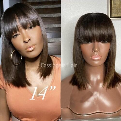 Brown Ombre Bob Human Hair Wigs with Bangs Short Brazilian Scalp Silk Base Top Machine Made Wigs Bob Cut Two Tone Color 1b#T4