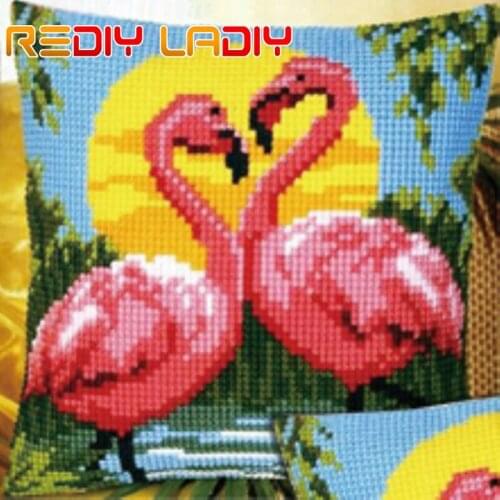 Cross Stitch Cushion Flamingo Love Pillow Chunky Cross Stitch Kits Acrylic Yarn Pillow Case Cross-Stitch Needlepoint Crafts