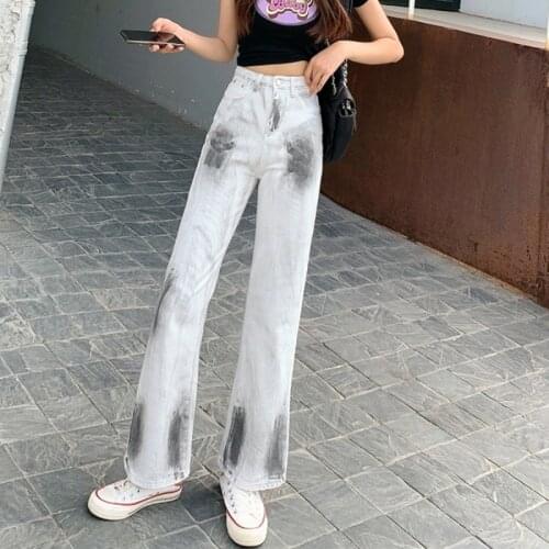 Hot girl tie-dye distressed jeans womens summer high waist loose wide-leg pants retro y2k straight mopping pants For Women 2021