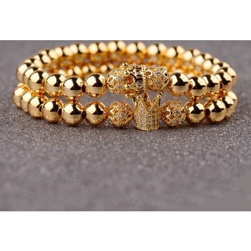 2019 Luxury White CZ Crown Bracelet Set Men 8mm Gold Hollow Out Flower Copper Beads Couple Bracelet Pulseira Masculina AB1293