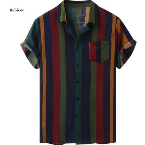 Men Shirt Blouse Multicolor Stripes Loose Short Sleeve Casual Buttons Cotton Beach Shirt Men Camisas Para Hombre Oversize