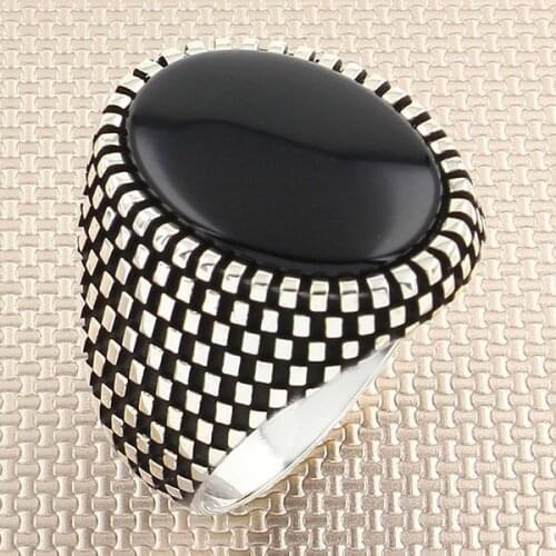 Checkerboard Oval Black Onyx Gemstone Silver Ring Men Silver Ring Made in Turkey Solid 925 Sterling Silver