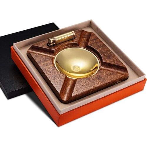 CIGARLOONG Wood+Alloy cigar ashtray lighter gift set installed copper wood smoke tank with cigar lighter AH-1080