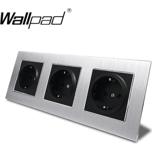 Triple EU Outlet Socket with Claws Back Wallpad 234*86mm Silver Satin Metal Panel 16A Wall Schuko EU Power Wall Socket Round Box