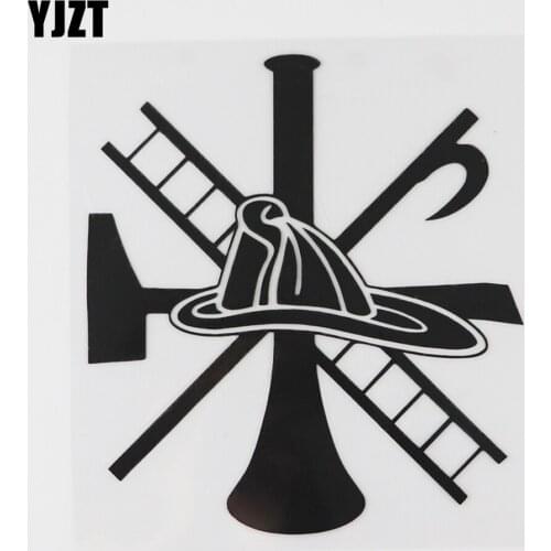 YJZT 12.1CM×13.2CM Cartoon Firefighter Symbol Hat Axe Ladder Decal Vinyl Car Sticker Black/Silver 8A-0395
