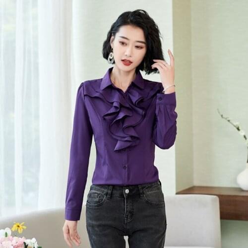 Women Blouse Purple Womens Shirt Long Sleeve Ruffled round Neck Blusas Mujer De Moda