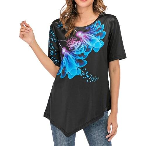 Woman tshirts Plus Size O Neck Short Sleeve Digital Floral Print Irregular Hem T-shirt женские футболки vetement ete femme 2020
