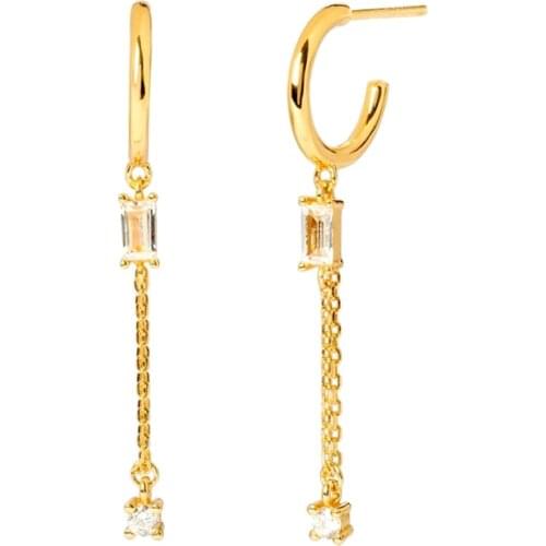 Real 925 Sterling Silver Gold Silver Chain Stud Earrings for Women Simple white Zircon Chain Earrings Fashion Jewelry