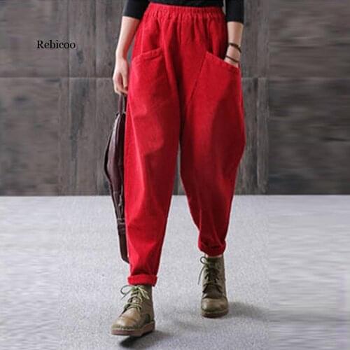100% Cotton Corduroy Harem Pants Autumn Winter Elastic High Waist Women Trousers Plus Size S-4XL Ankle-length Pants