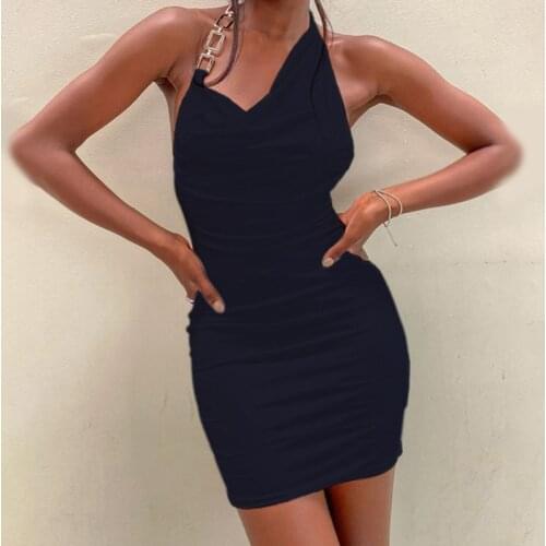 Lady Summer Sexy New Arrival Casual Date Streetwear Women Backless Slim Folds Bandage Mini Dress Fashion Chic Chain Halter Dress