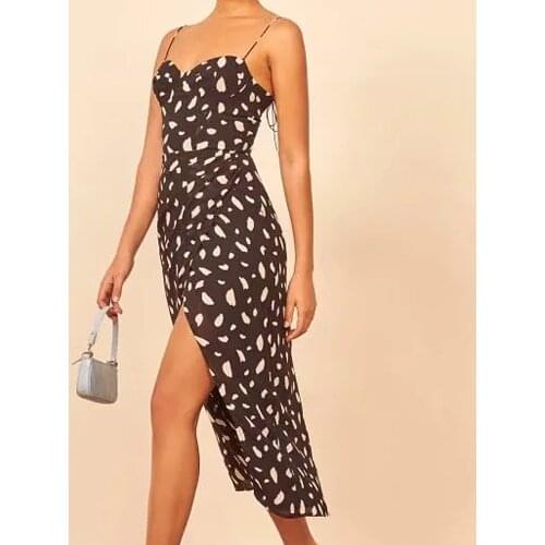 V Neck Sleeveless Slip Dress Spaghetti Strap Side Slit Sexy Midi Dresses For Women Sling Sundresses Vintage Print Summer vestido