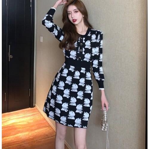 New Fall Runway Korean Elegant Womens First Love Sweet Print Knitted Sweater Slim Vintage Chic O Neck Dress Vestidos