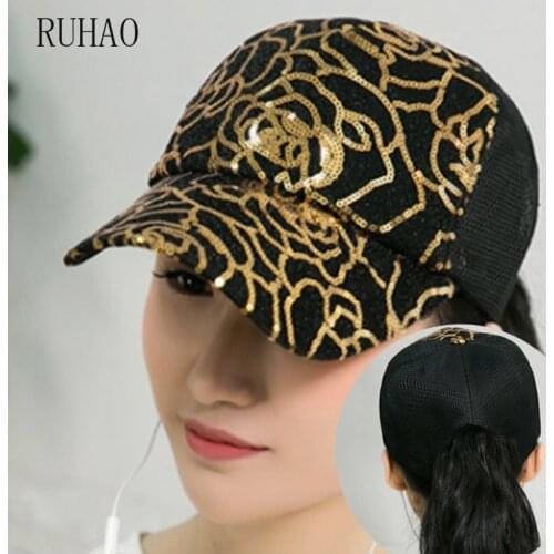RUHAO 2019 Glitter Ponytail Baseball Cap Messy Bun Dad Hats For Women Sequins Shine Summer Mesh Hat Snapback Hip Hop Caps
