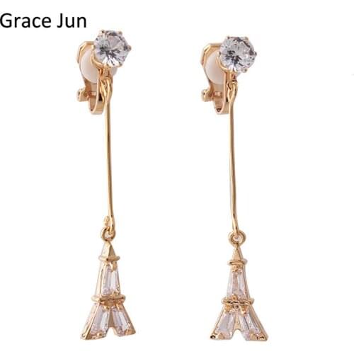 Grace Jun New Design AAA CZ Iron Tower Shape Clip on Earrings No Pierced for Girls Wedding Charm Long Earrings No Allergy