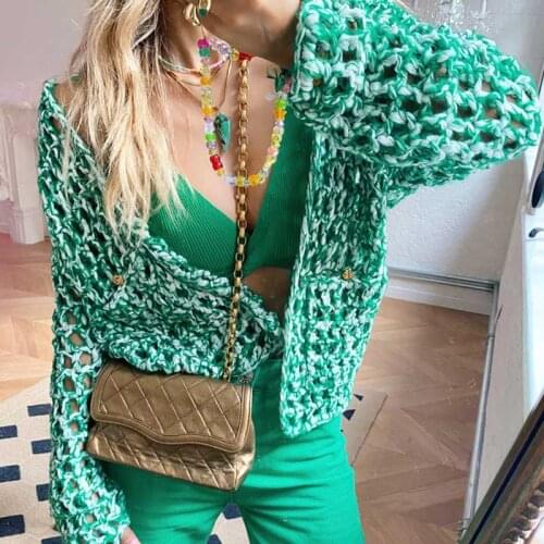 Jastie Winter Womens Handmade Knitted Cardigan Stitching Color Long Sleeve Loose Streetwear Fishnet Hollow Out Chic Sweaters