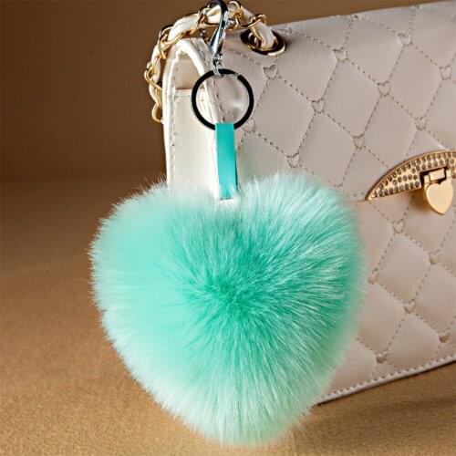 Lovely Heart Shape Pompom Fluffy Keychain Solid Artificial Rabbit Fur Ball Key Chains Fashion Women Car Bag Key Ring Jewelry