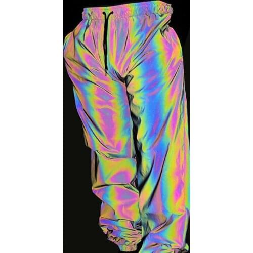 Mens Hip Hop Clothing Colorful Reflective Beam Leg Pants Sports and Leisure Outdoor Jogging Symphony Reflective Trousers