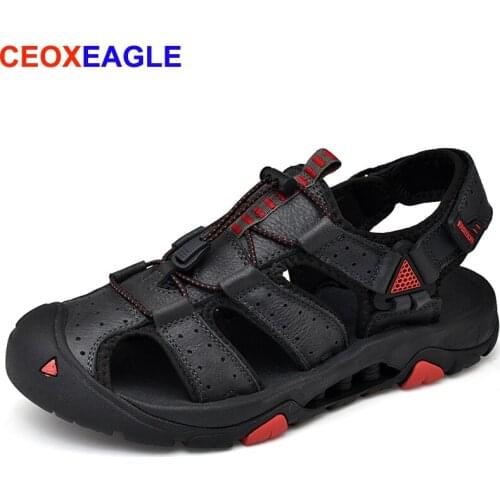 2019 New Adults Closed Toe Men Leather Sandals Genuine Leather Breathable Soft Summer Outdoor Shoes Roman Beach Sandals 38-45