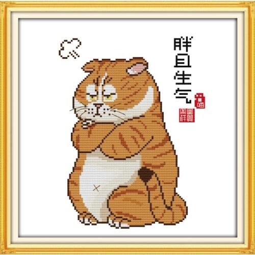 Cross Stitch Kits Cat Fat and Angry Embroidery Needlework Patterns 11CT 14CT Print Counted Thread Home Decoration Fabric Stamped