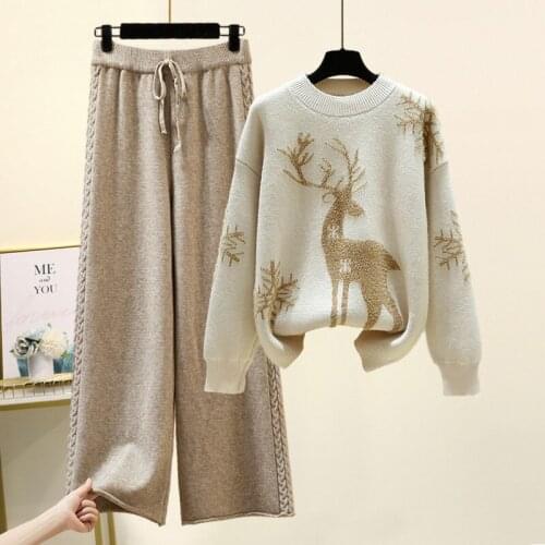 2021 Autumn winter new casual fashion womens hedging deer pattern sweater + large-size knitted wide-leg pants two-piece sets n9