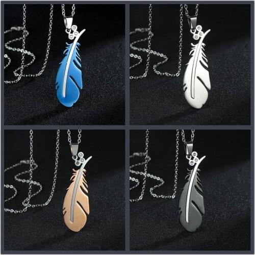 Stainless Steel Necklace for Women Man Lovers Feather Silvery Color Pendant Necklace Engagement Jewelry